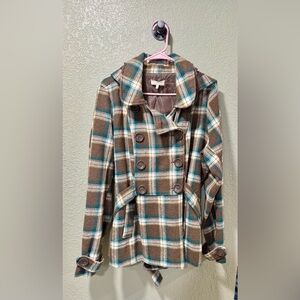Maurices Brown and Teal Plaid Trench Coat